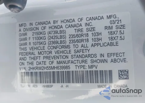 2021 Honda Cr-V Awd Ex z USA, uszkodzony, nr VIN 2HKRW2H55MH639985